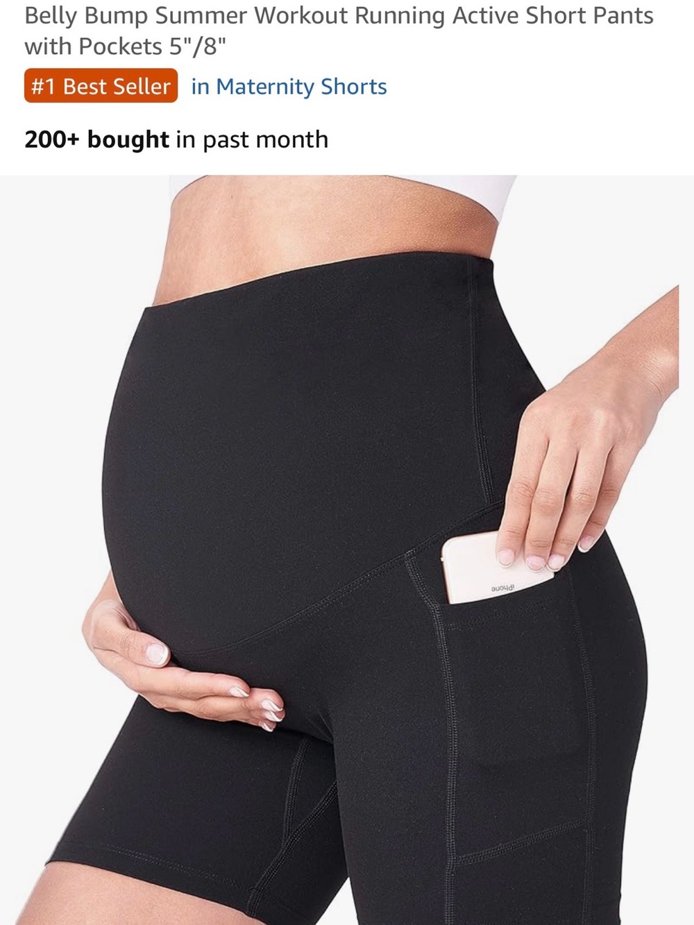 Maternity High-Waist Ankle-Length Black Stretch Bike Shorts with Side Pocket